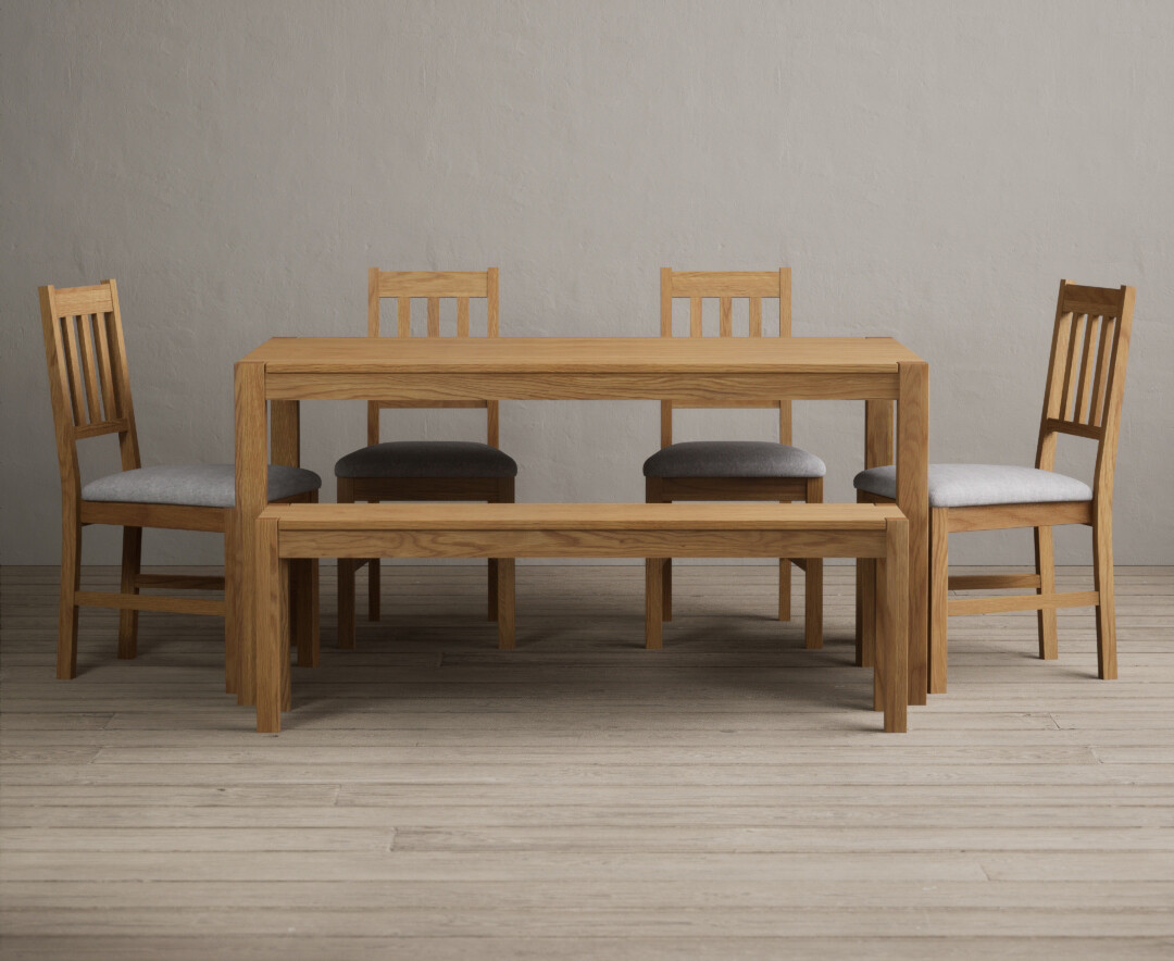 York 150cm Solid Oak Dining Table with 4 Blue York Chairs with 1 Oak Bench from Oak Furniture Superstore