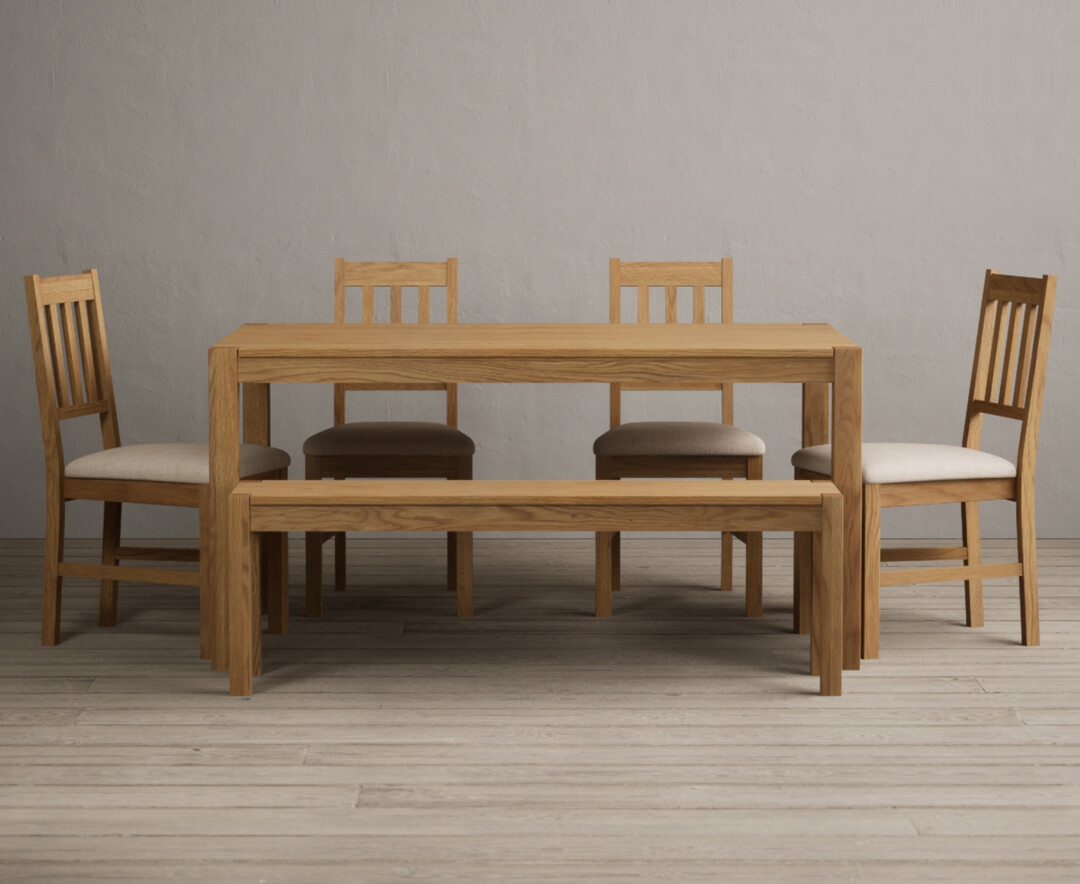 York 150cm Solid Oak Dining Table with 4 Blue York Chairs with 1 Oak Bench from Oak Furniture Superstore
