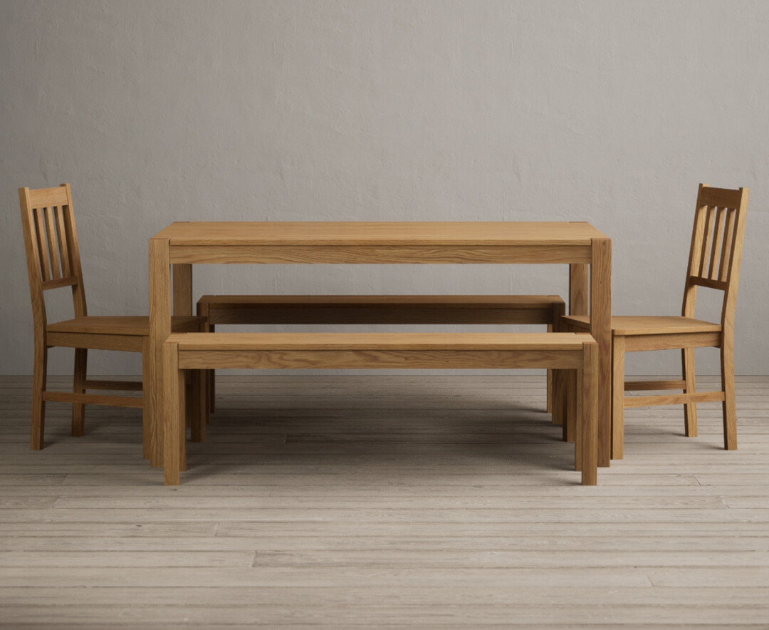 York 150cm Solid Oak Dining Table with 4 Brown York Chairs and 1 Oak Bench