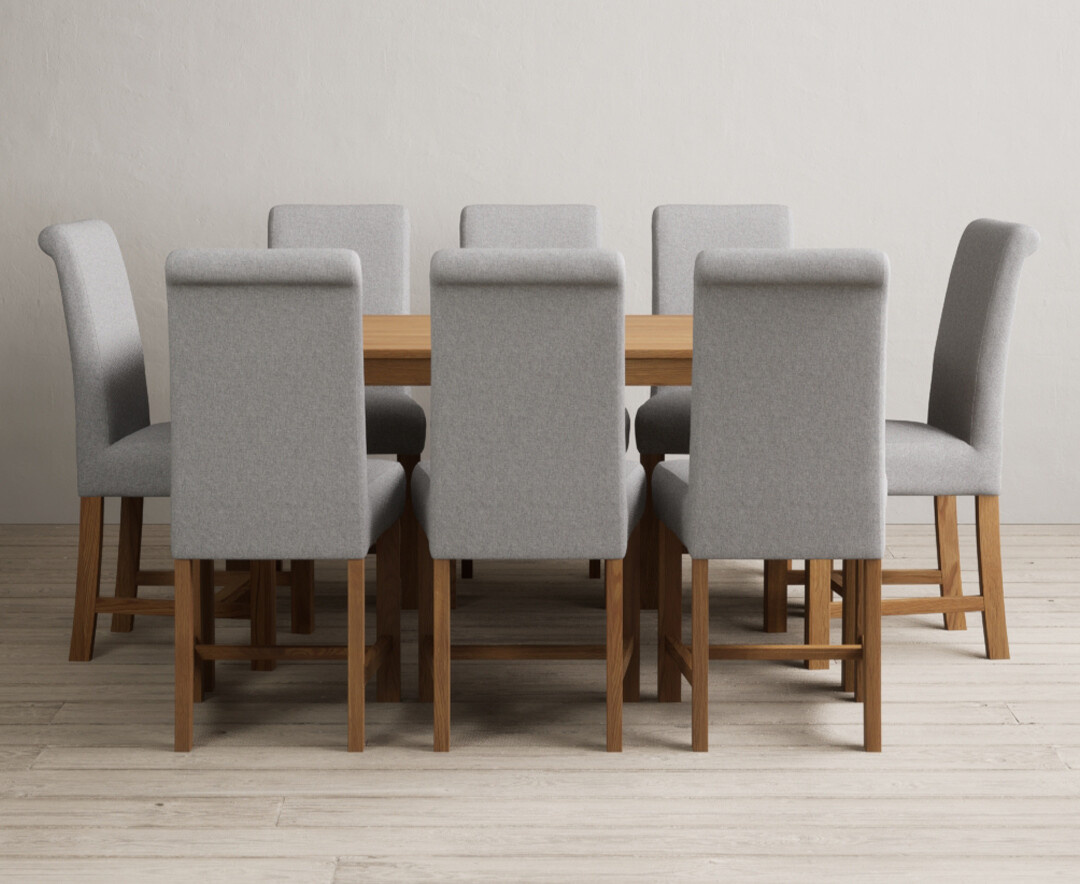 York 150cm Solid Oak Dining Table with 4 Light Grey York Chairs and 2 Oak Benches