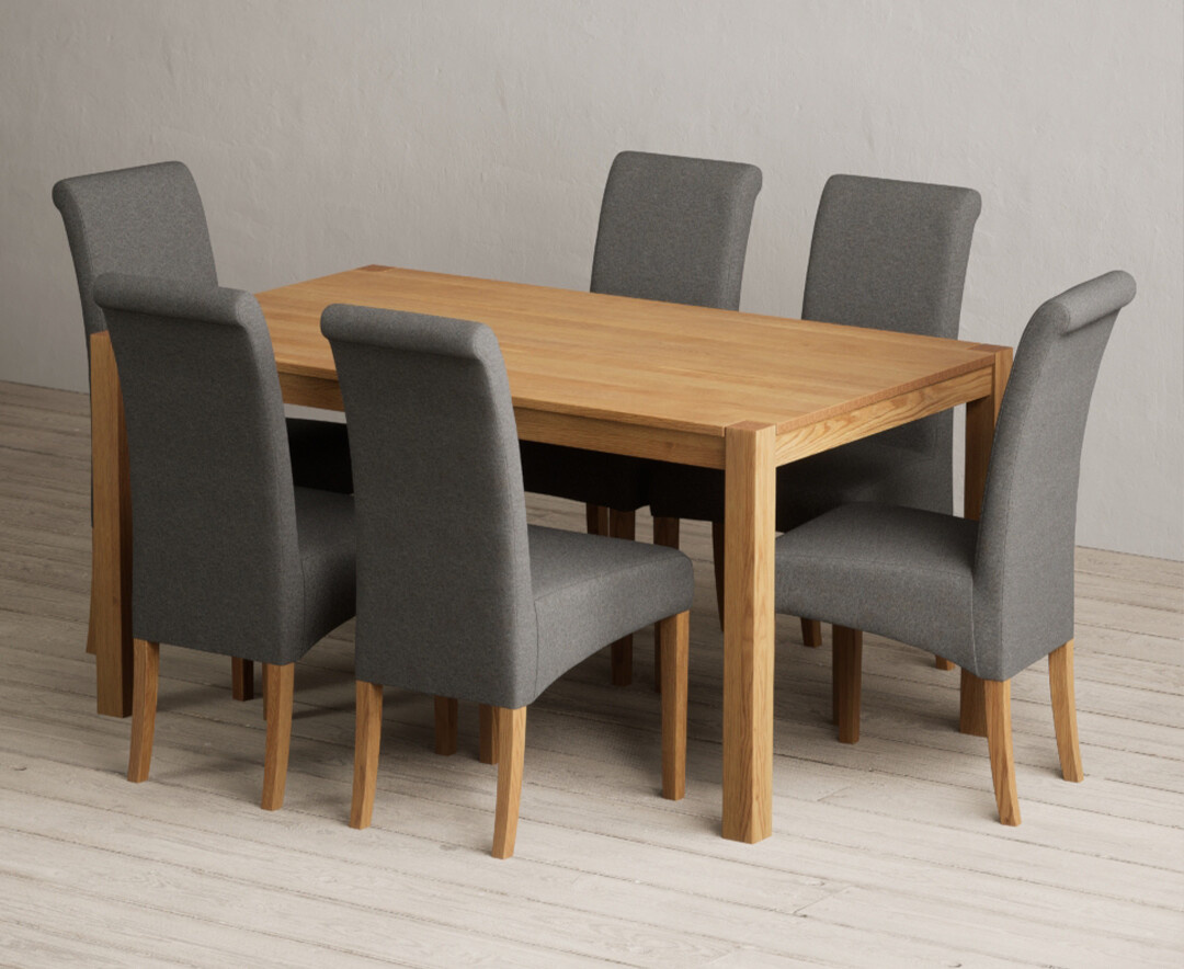 York 150cm Solid Oak Dining Table with 4 Light Grey York Chairs and 2 Oak Benches