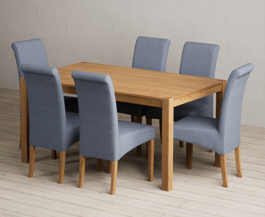 York 150cm Solid Oak Dining Table With 8 Blue Scroll Back Chairs