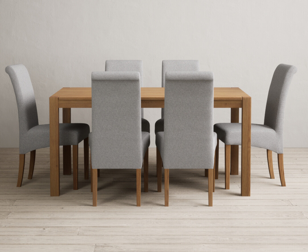 York 150cm Solid Oak Dining Table with 4 Light Grey York Chairs and 2 Oak Benches
