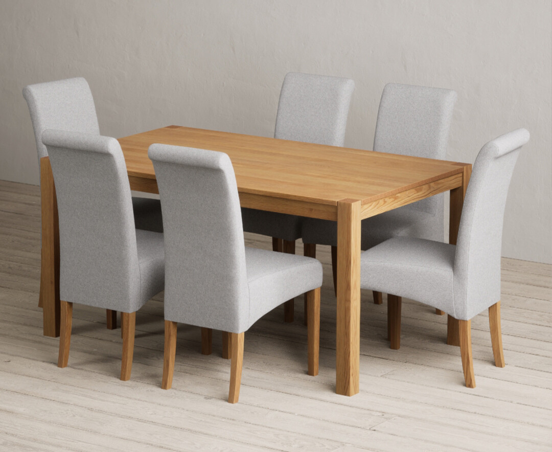 York 150cm Solid Oak Dining Table with 6 Grey Scroll Back Chairs