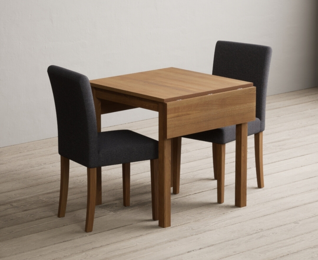 Extending York 70cm Solid Oak Drop Leaf Dining Table With 2 Charcoal Lila Chairs