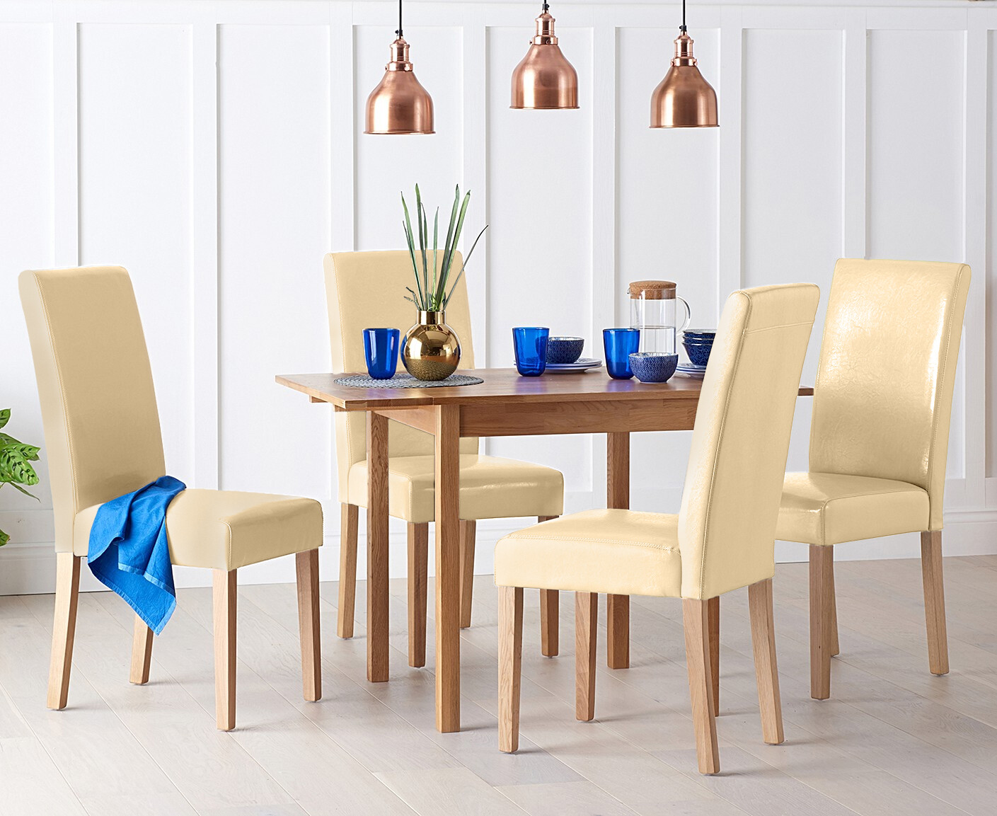 Extending York 90cm Solid Oak Drop Leaf Dining Table with 4 Cream Olivia Chairs