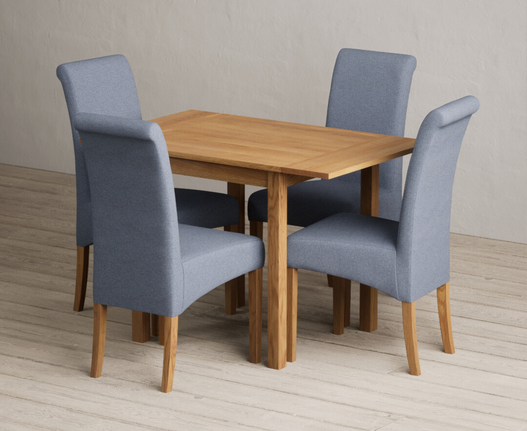 Extending York 70cm Solid Oak Drop Leaf Dining Table With 4 Blue Scroll Back Chairs