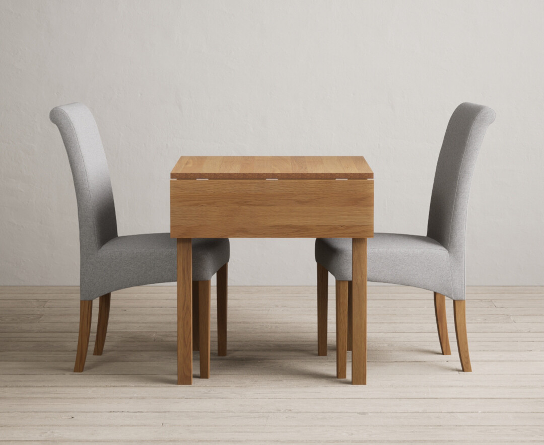 Extending York 70cm Solid Oak Drop Leaf Dining Table with 2 Grey Scroll Back Chairs