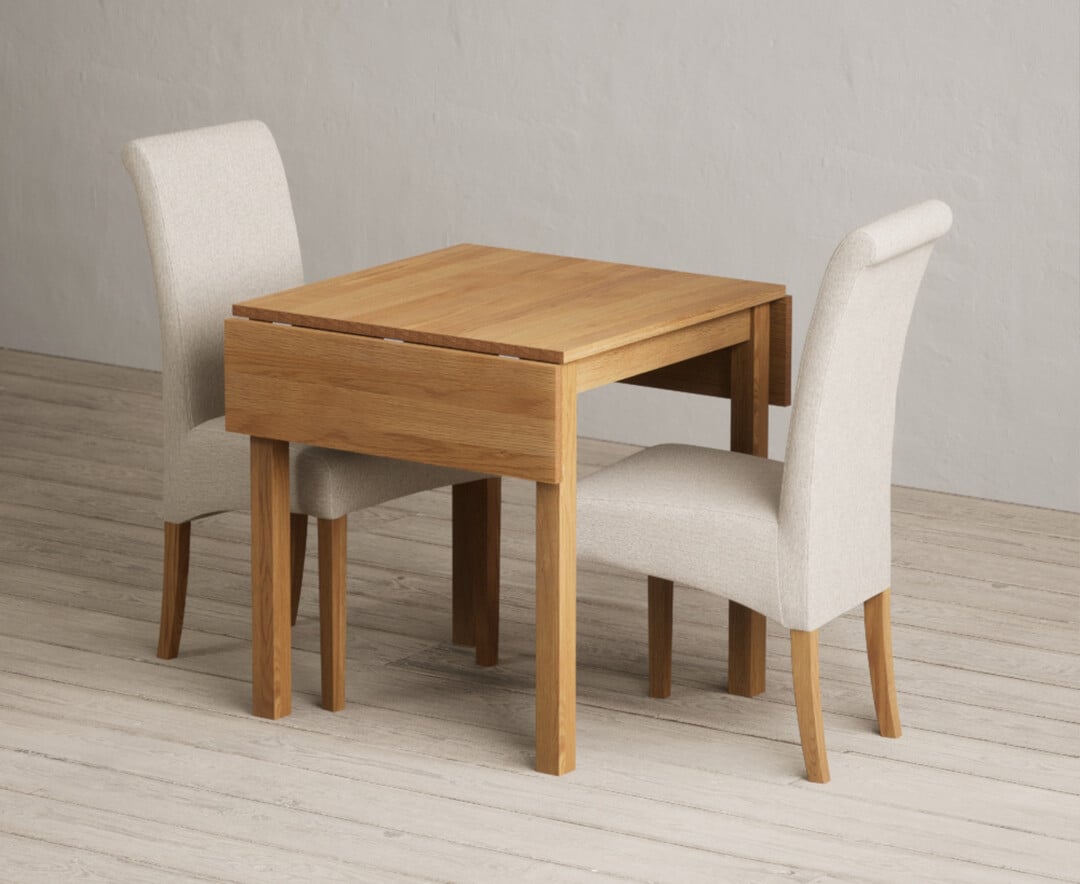 Extending York 70cm Solid Oak Drop Leaf Dining Table With 2 Natural Scroll Back Chairs