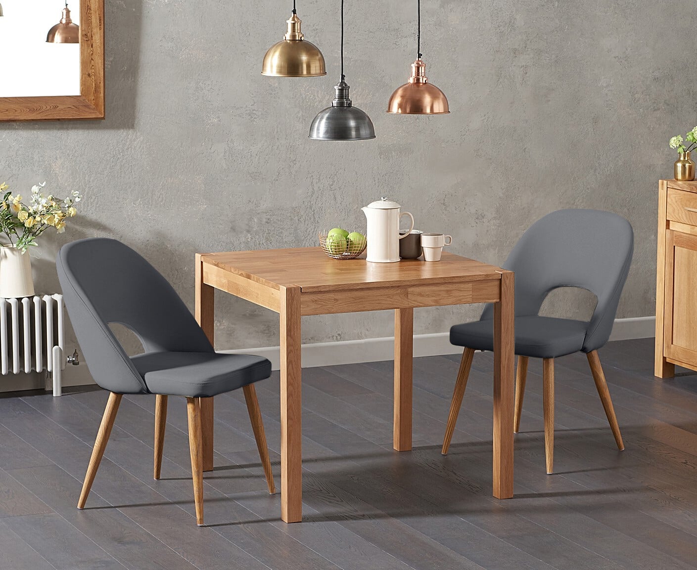 York 80cm Solid Oak Dining Table With 2 Grey Hudson Chairs