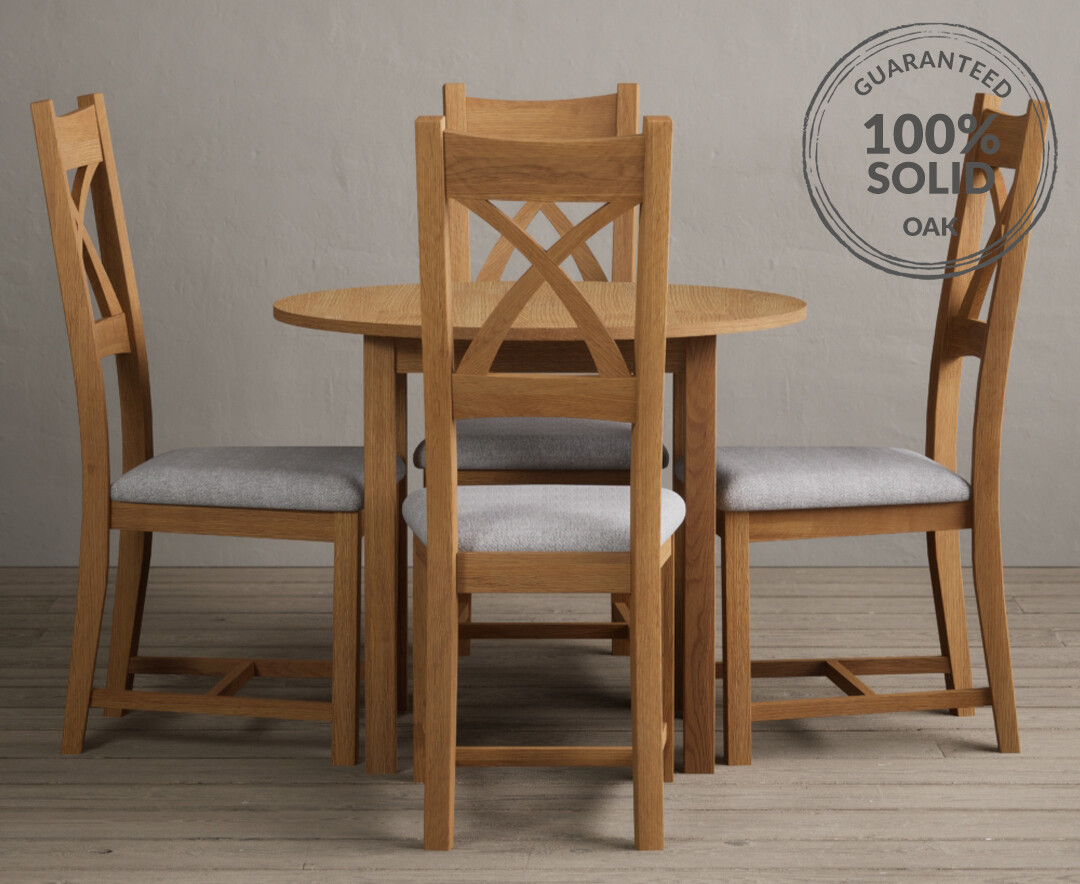 York 150cm Solid Oak Dining Table with 4 Light Grey York Chairs and 2 Oak Benches
