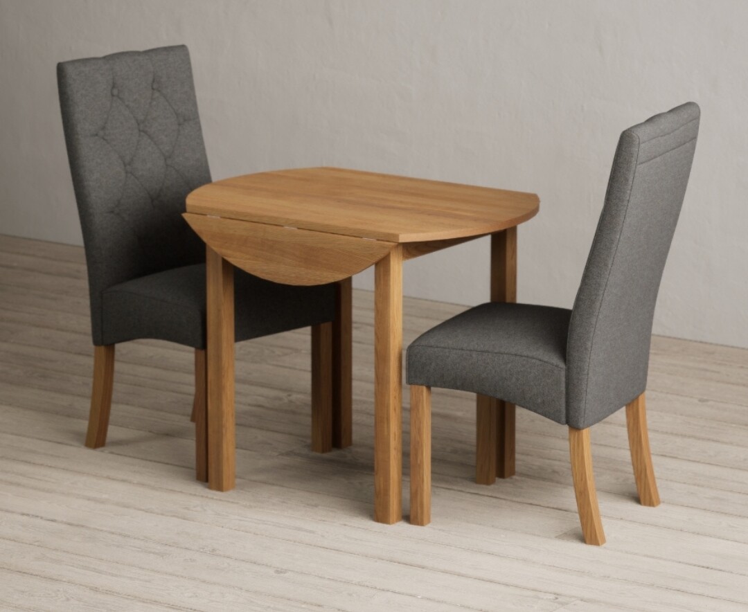 Extending York 90cm Solid Oak Dining Table With 2 Grey Maya Chairs