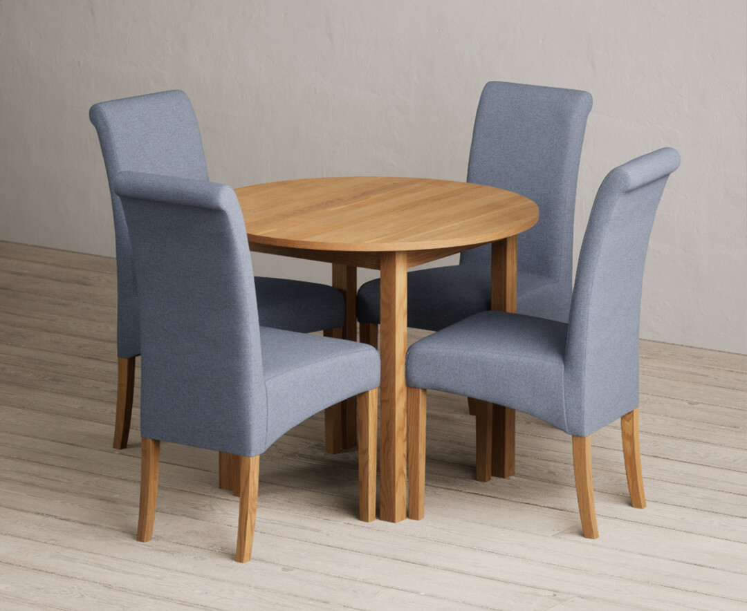 Extending York 90cm Solid Oak Dining Table With 4 Blue Scroll Back Chairs