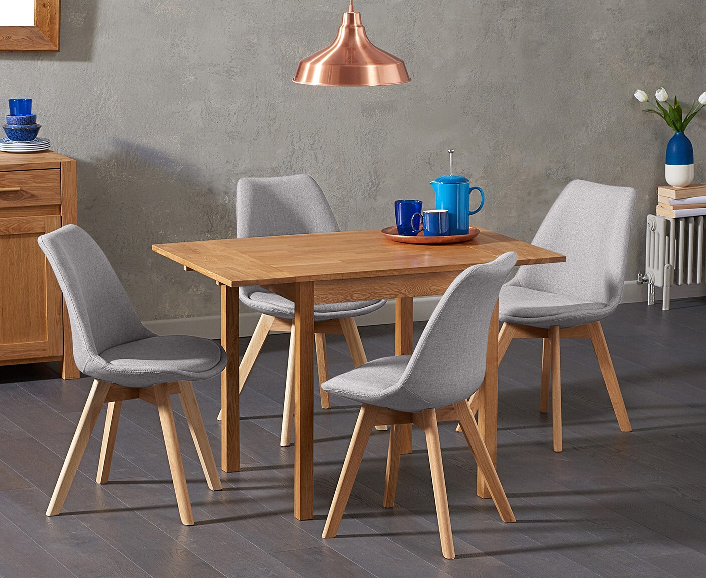 Extending York 70cm Solid Oak Drop Leaf Dining Table with 2 Dark Grey Orson Chairs