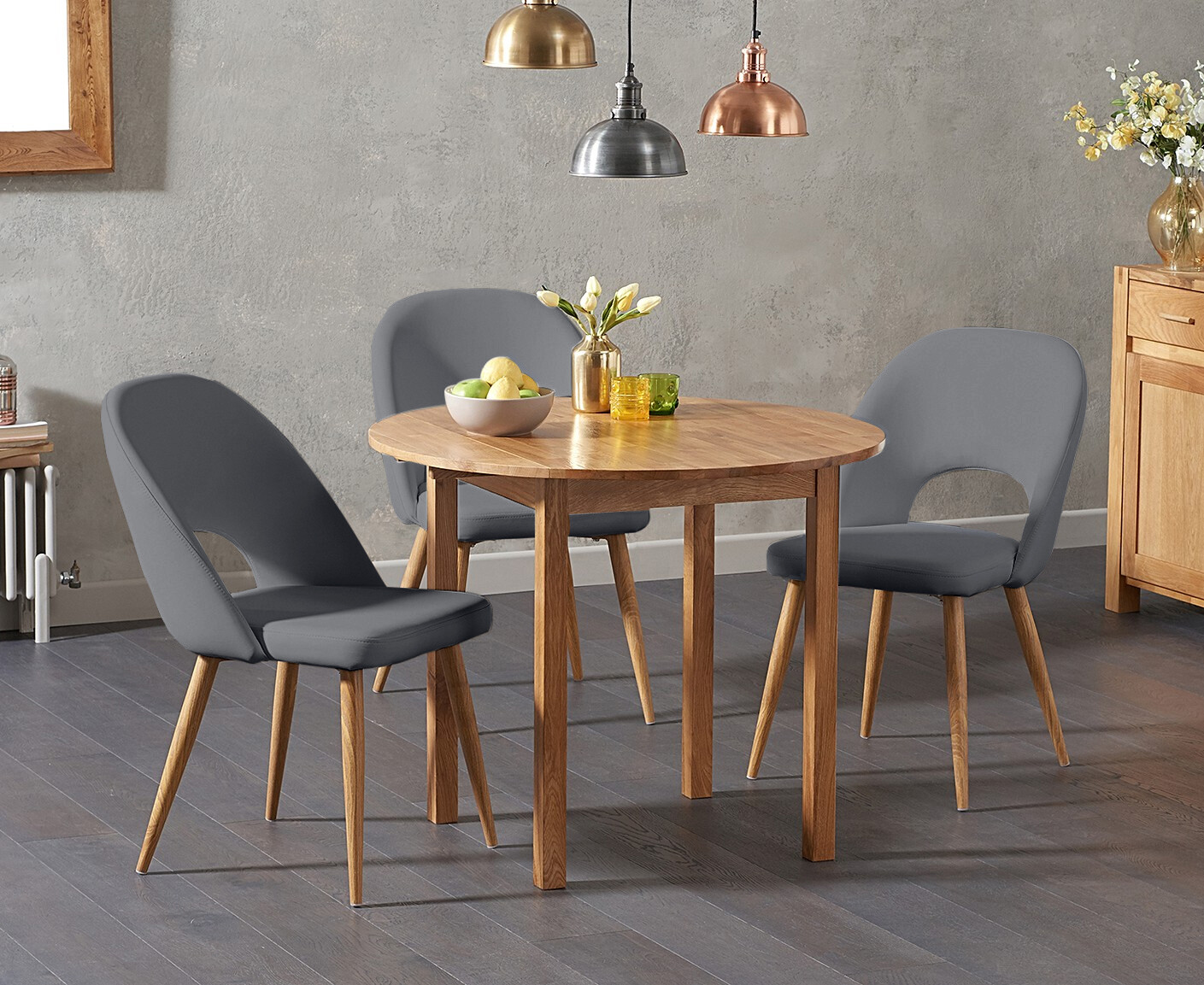 Extending York 90cm Solid Oak Dining Table With 4 Grey Hudson Chairs