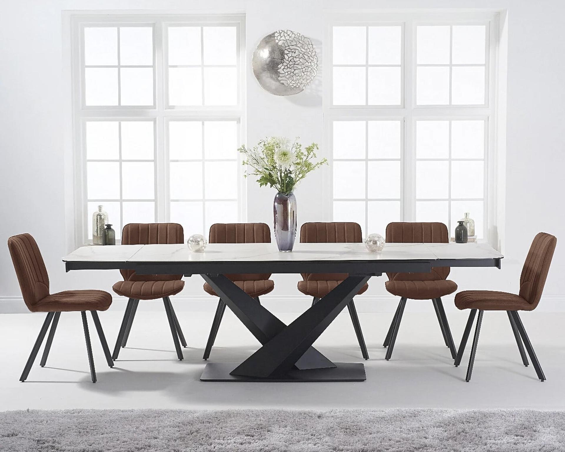 Extending Jacob 180cm White Ceramic Dining Table with 6 Brown Hendrick Chairs