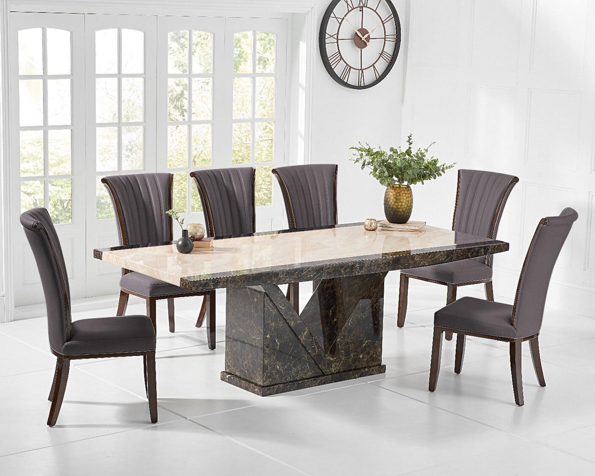 Tenore 180cm Marble Dining Table with 6 Brown Lorient Chairs