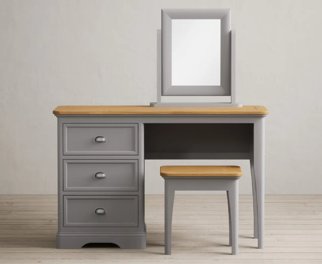small grey dressing table Sienna Grey Dressing Table with Mirror & Stool – Laura James Ireland main image 1
